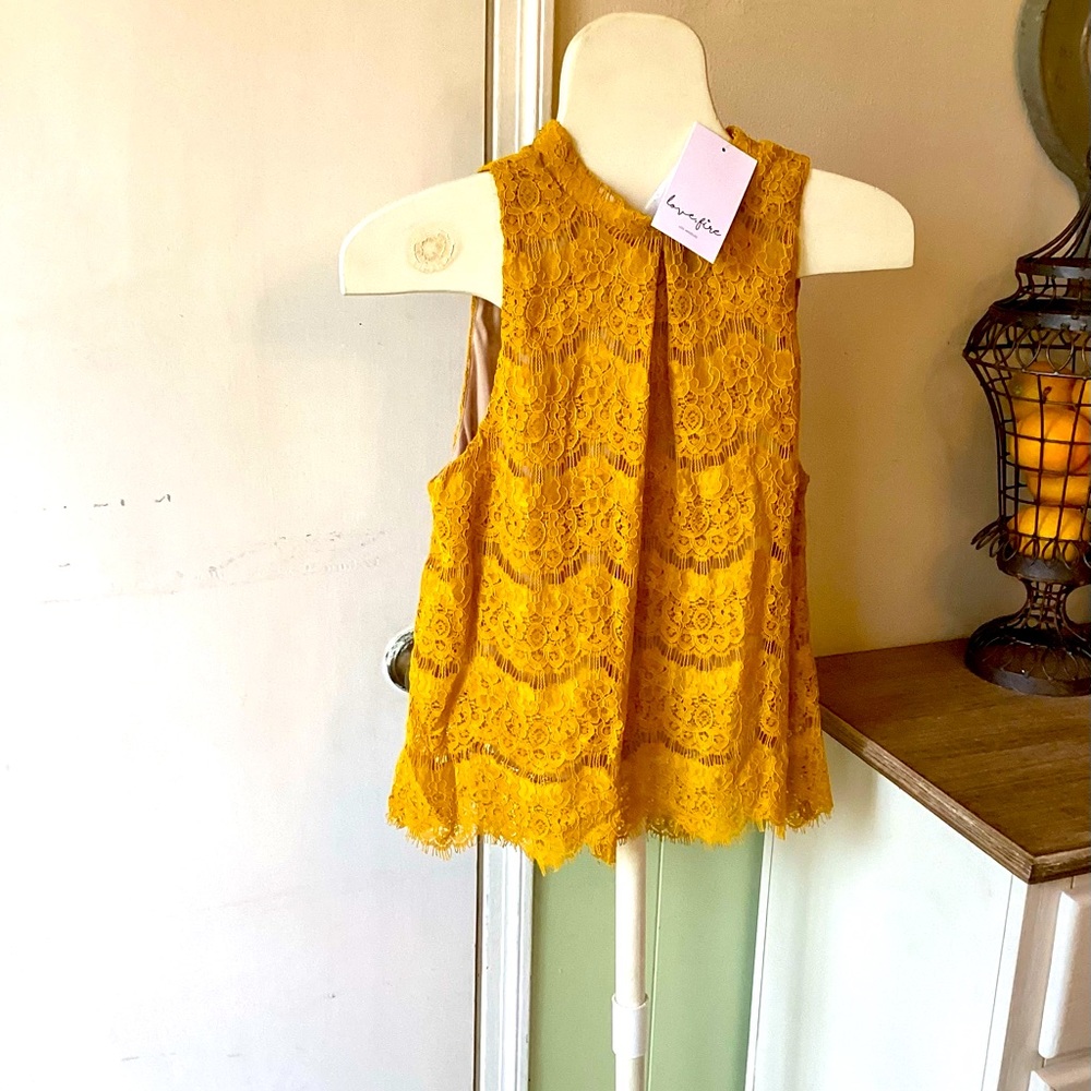 Love Fire crochet mustard yellow crochet top with nude underlay in Medium size